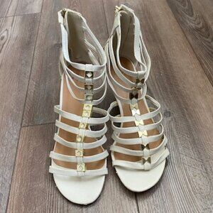 IVORY Wedge Heel GLADIATOR Cage SANDALS Gold Squares & Bows (L R different)* 7.5